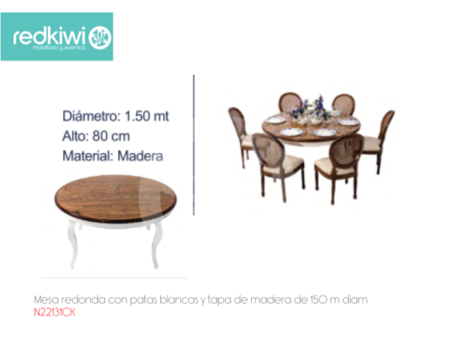 Mesa redonda con patas blancas y tapa de madera de 150 cm diam